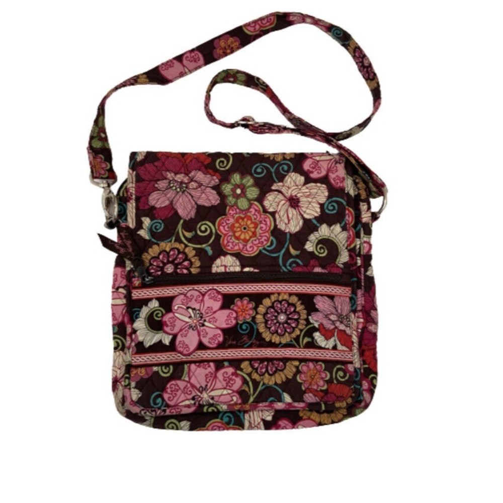 Vera Bradley Mod Floral Brown Pink Crossbody Laptop Bag/ Travel Personal Cary on